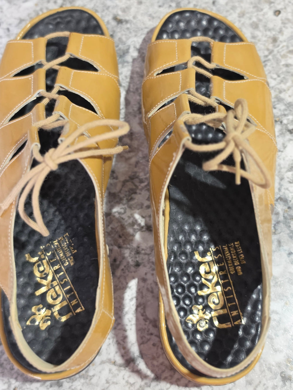 The Sunkissed Strapper — Rieker Anti-Stress Mustard Patent Lace-Up Sandals