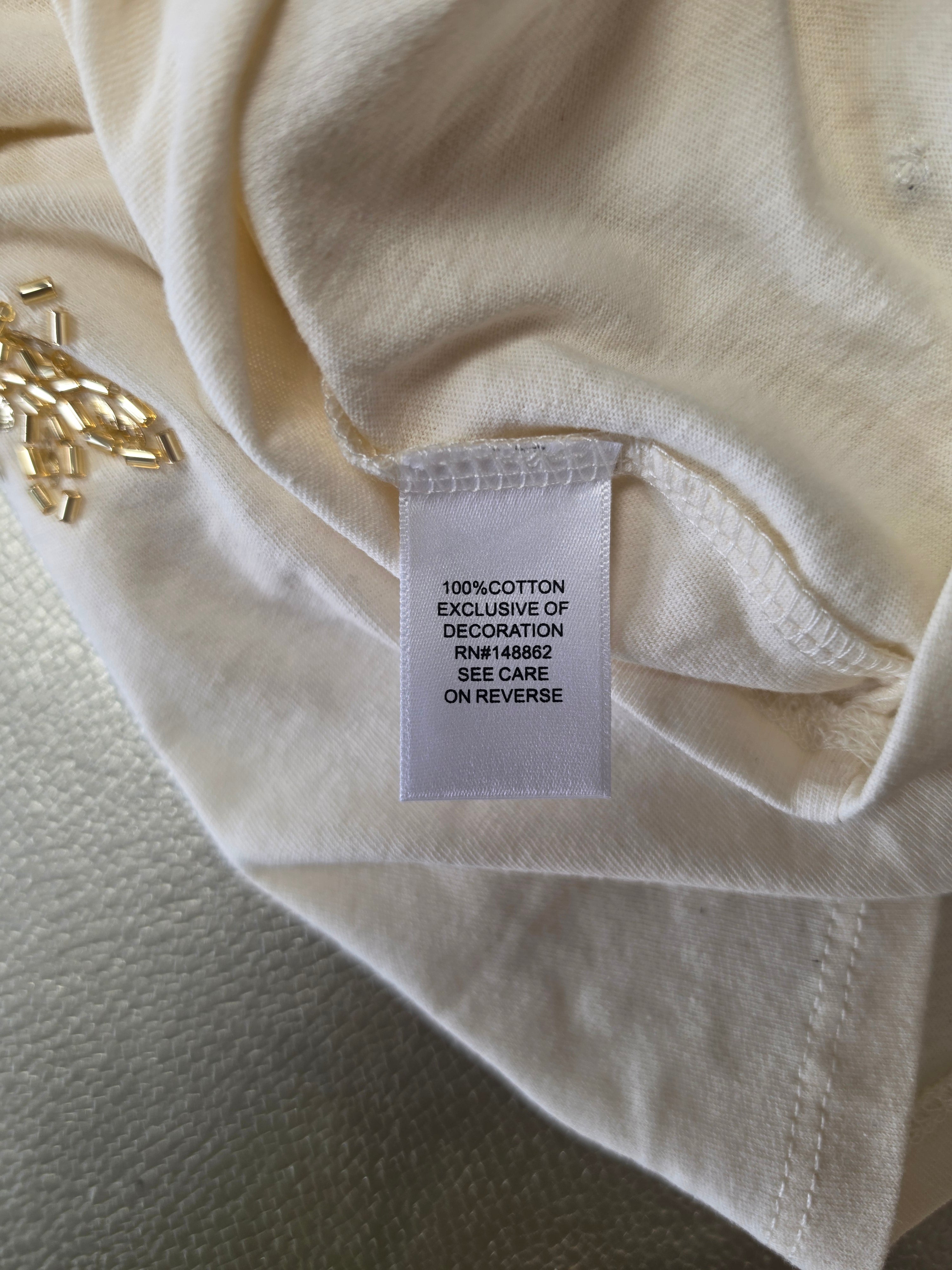 Whisper White Embellished Tee — Gold Floral Beaded