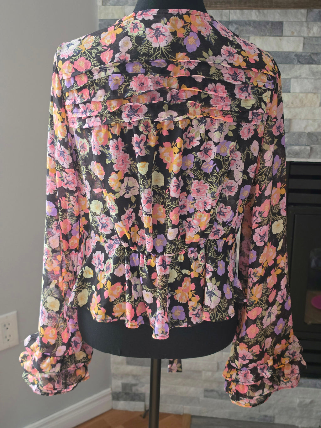 Fallen Petal Blouse – Floral Tie-Front, Bell Sleeve (Black Multi)
