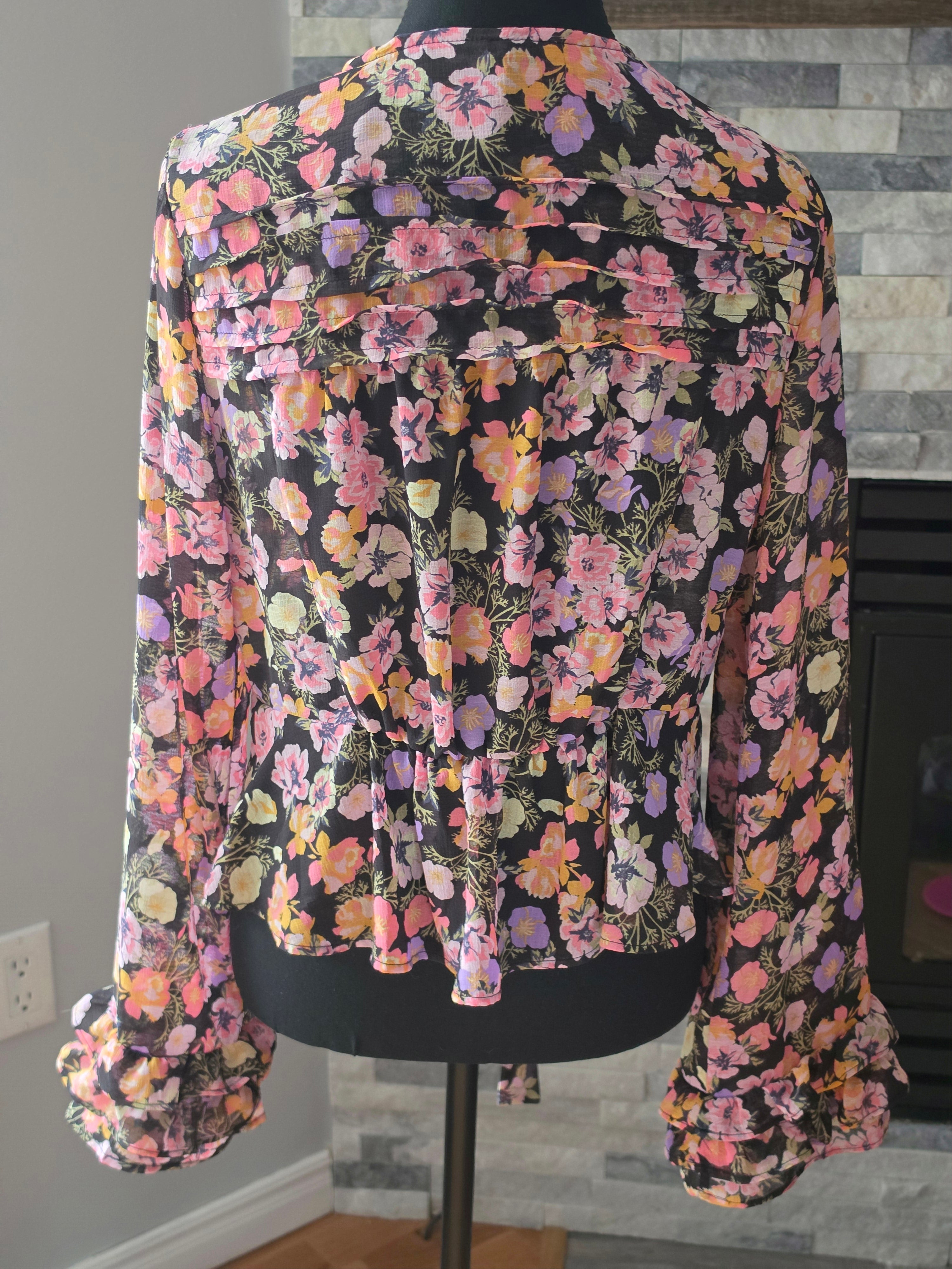 Fallen Petal Blouse – Floral Tie-Front, Bell Sleeve (Black Multi)