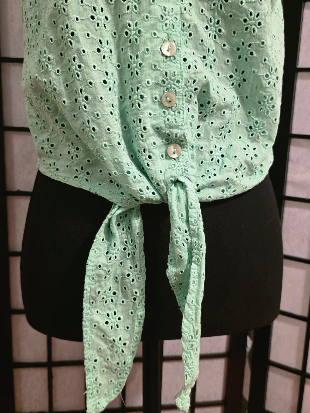 Gently Drifting Mint Eyelet Tie-Front Blouse