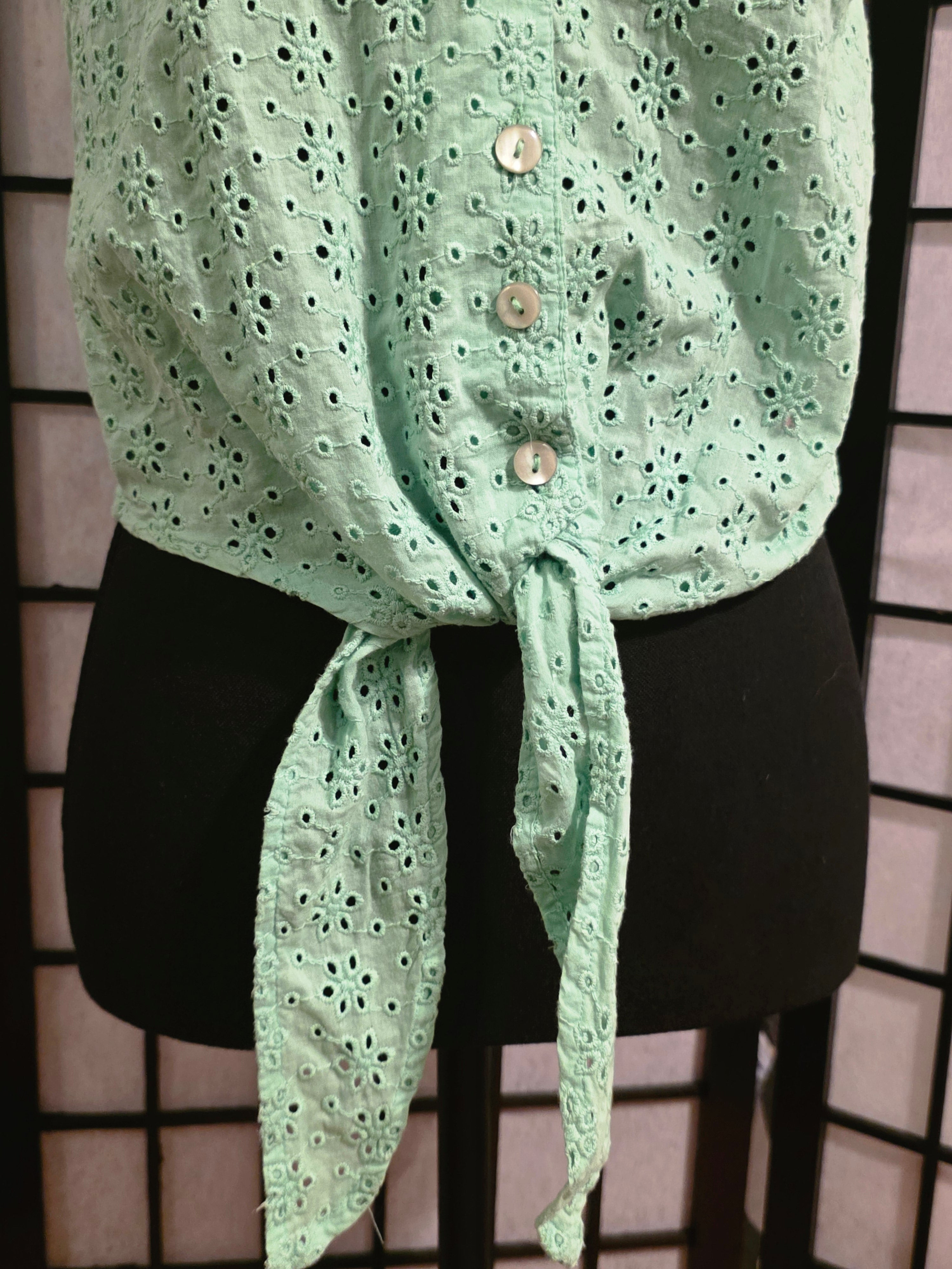 Gently Drifting Mint Eyelet Tie-Front Blouse