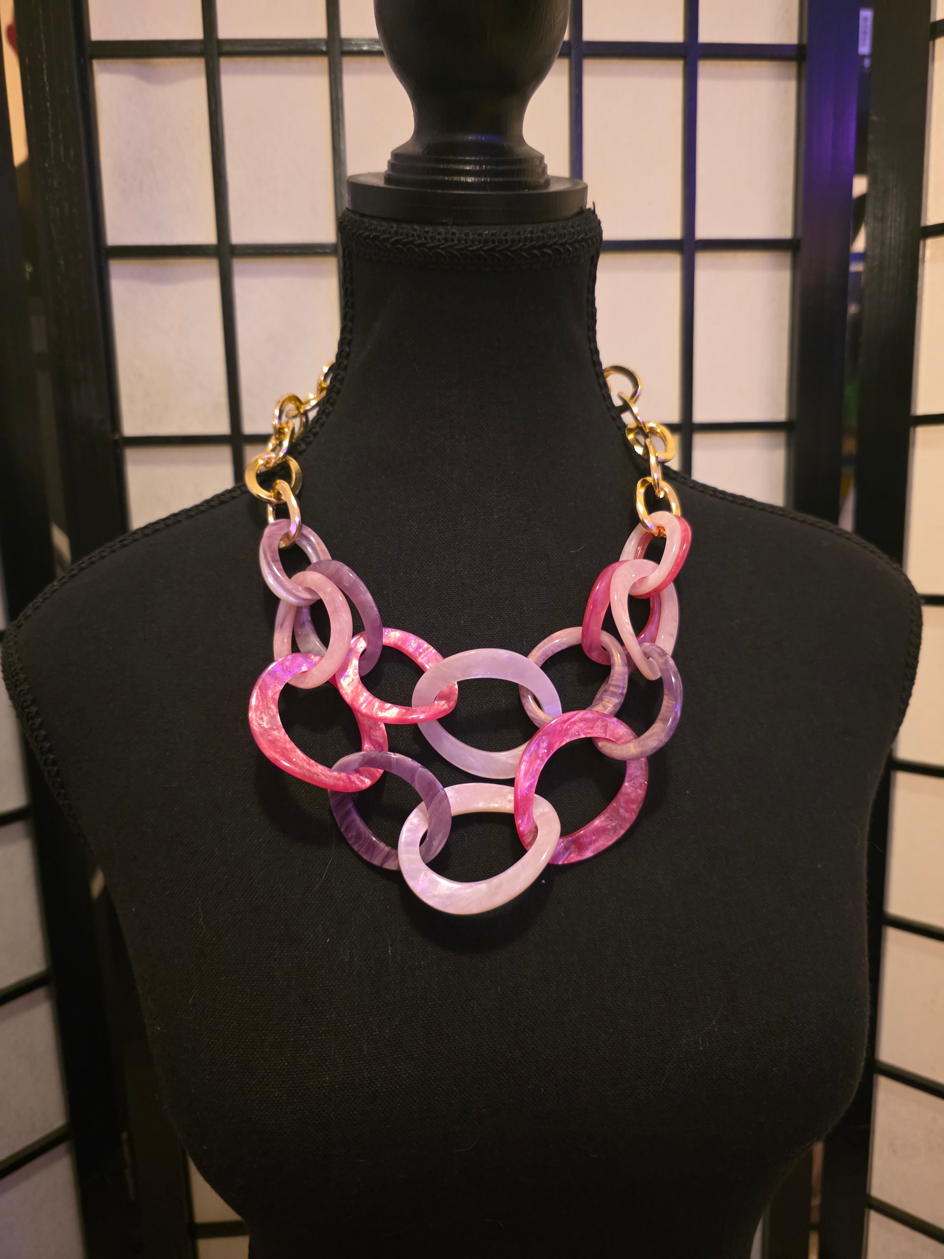 Boldly Intertwined Pink Resin Chain Statement Necklace