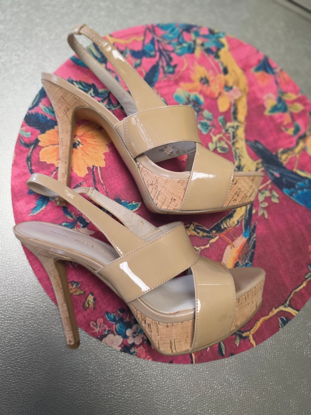 The Nude Awakening — Nine West Patent Cork Slingback Heel