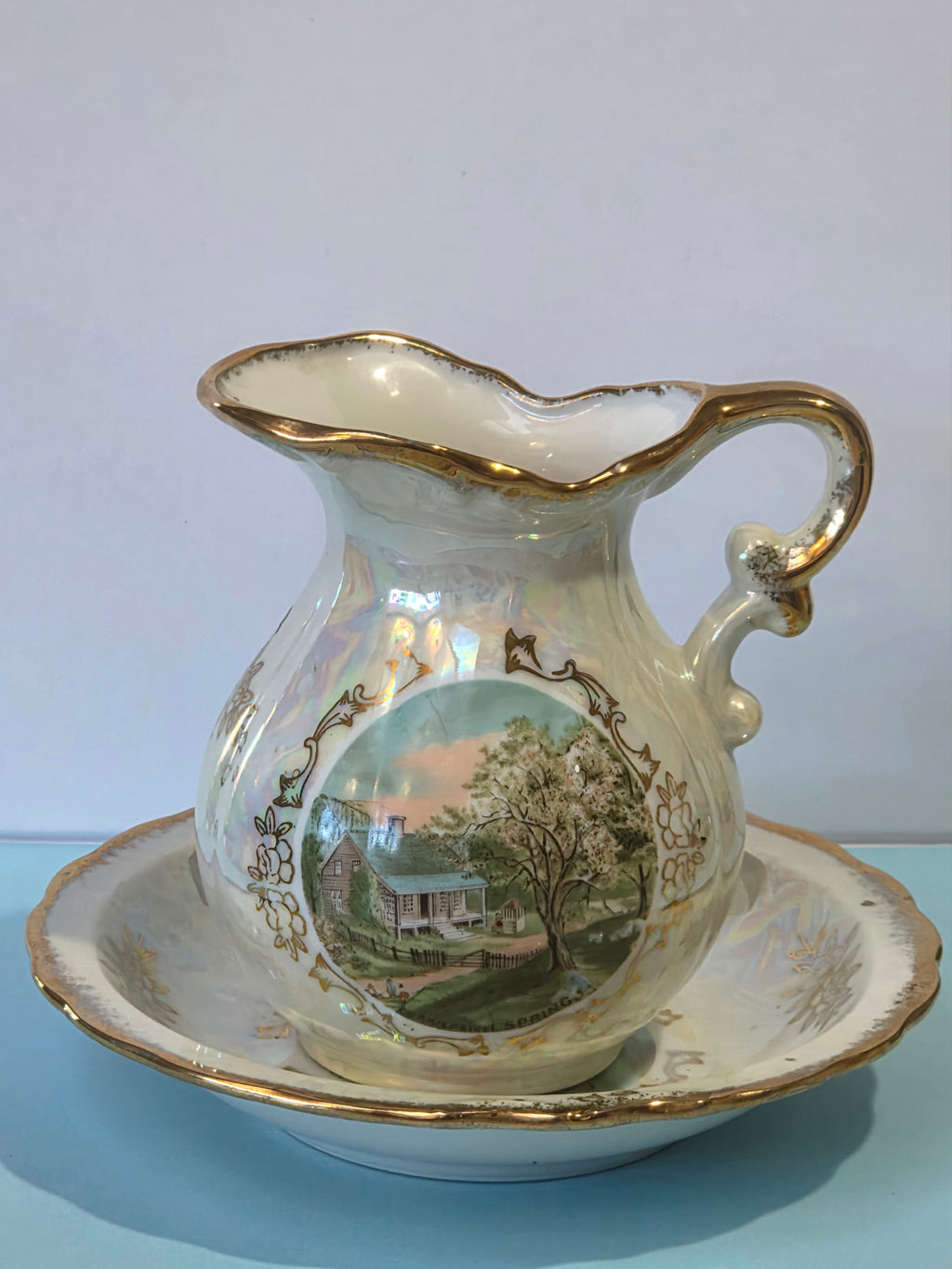 The Homestead Basin — Vintage Japanese Lusterware with Currier & Ives Winter Pastoral Scene
