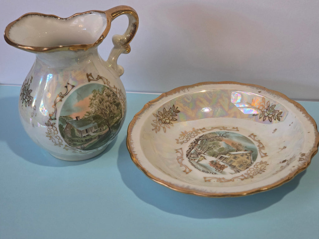 The Homestead Pitcher — Vintage Japanese Lusterware with Currier & Ives Spring Pastoral Scene