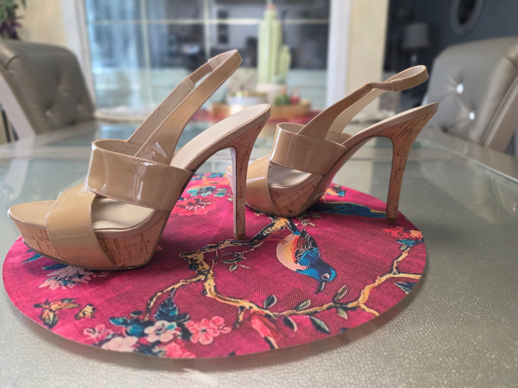 Nine West Enzo nude patent cork platform slingback heels side view