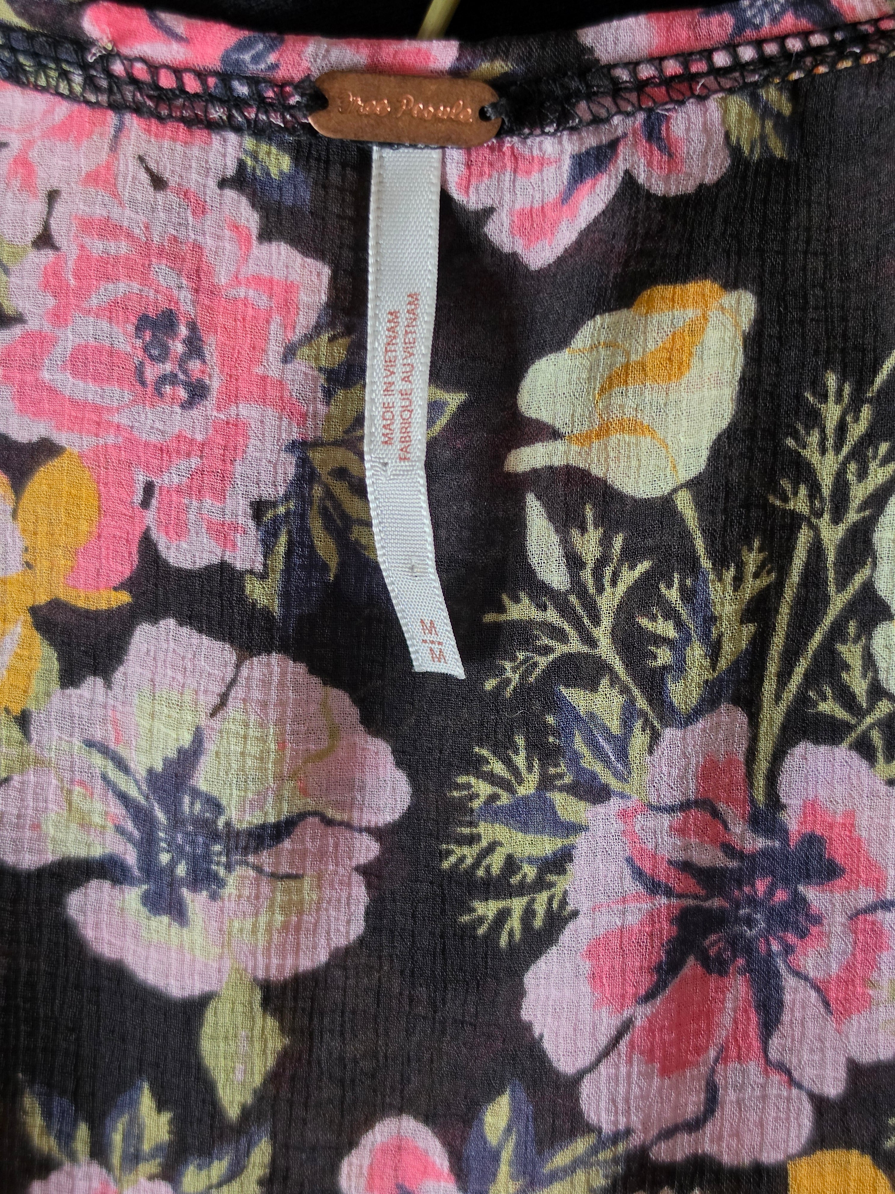 Fallen Petal Blouse – Floral Tie-Front, Bell Sleeve (Black Multi)