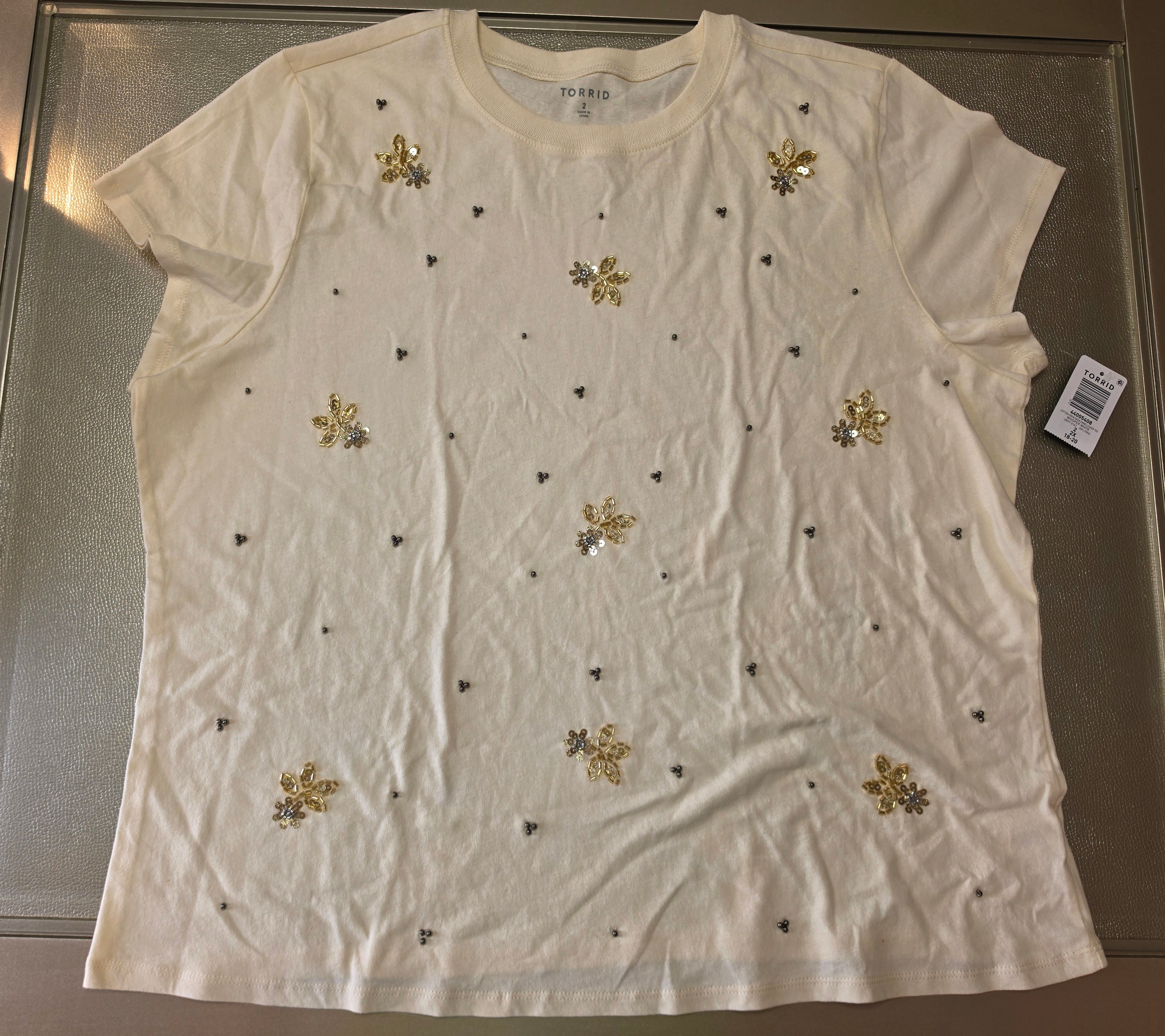 Whisper White Embellished Tee — Gold Floral Beaded