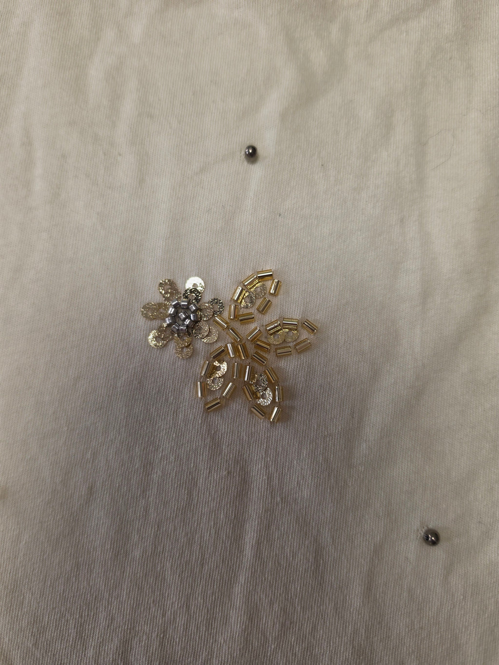 Whisper White Embellished Tee — Gold Floral Beaded
