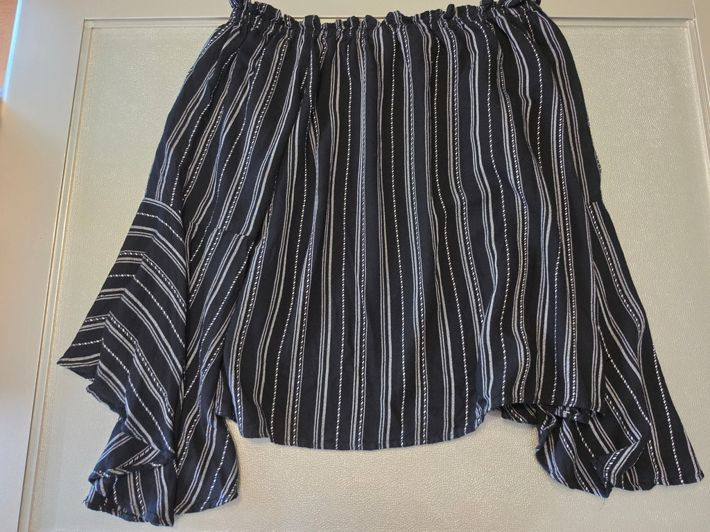 Stripe Tease — Panhandle Off-Shoulder Ruffle Blouse in B&W