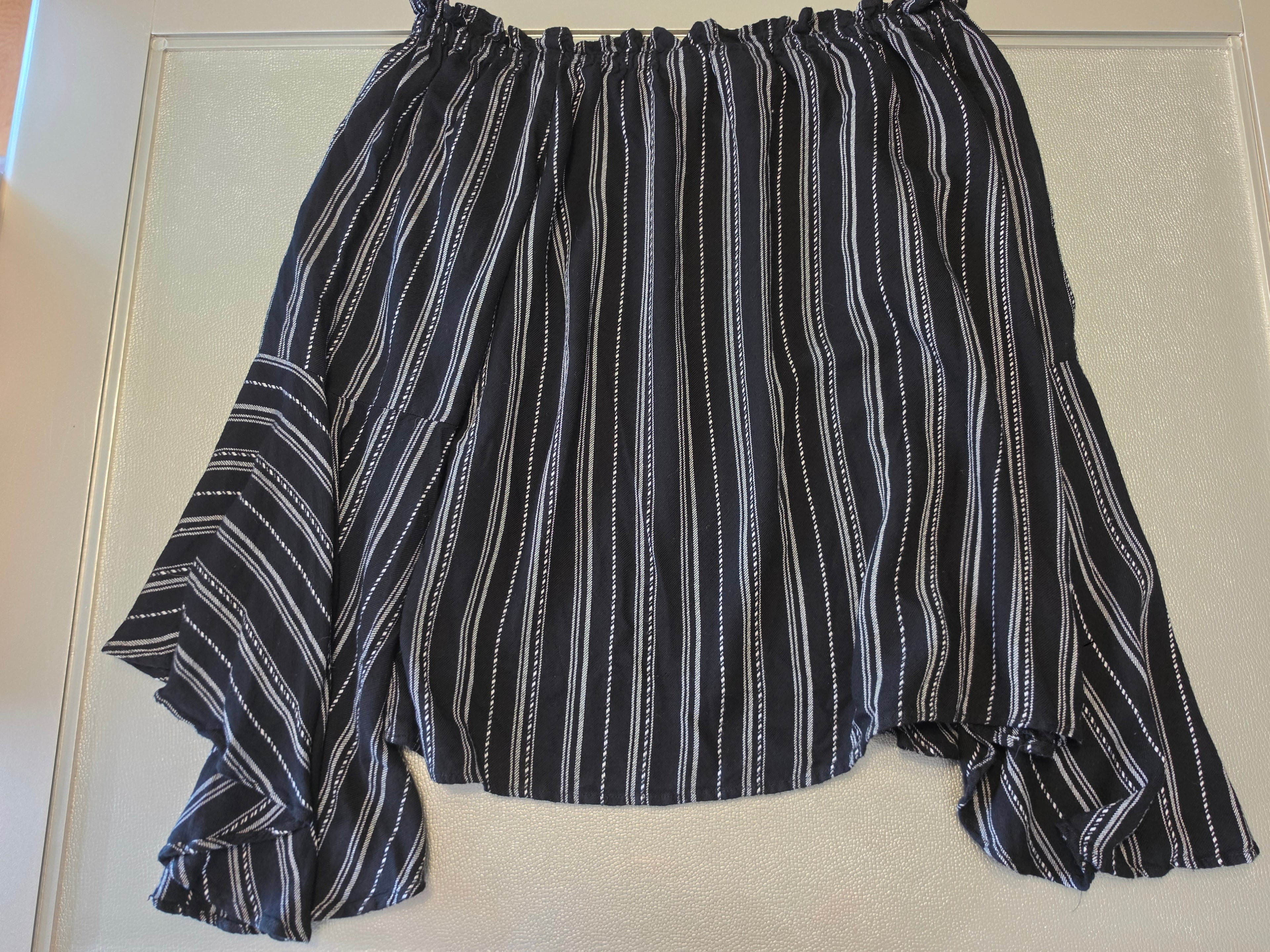 Stripe Tease — Panhandle Off-Shoulder Ruffle Blouse in B&W