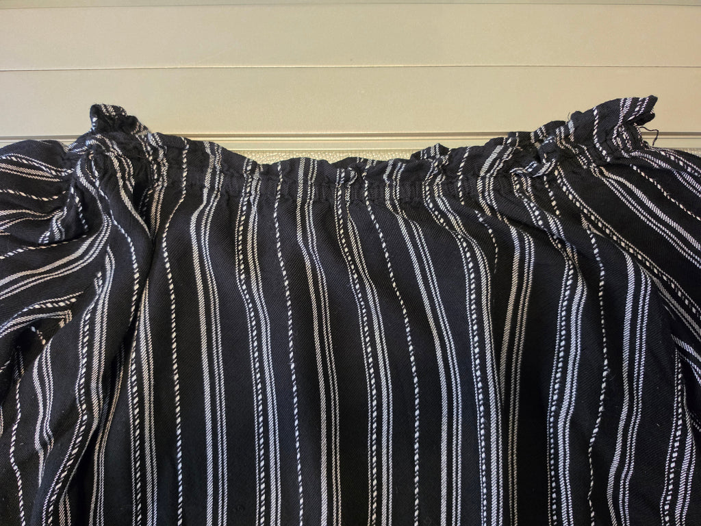 Stripe Tease — Panhandle Off-Shoulder Ruffle Blouse in B&W