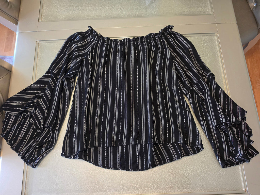 Stripe Tease — Panhandle Off-Shoulder Ruffle Blouse in B&W