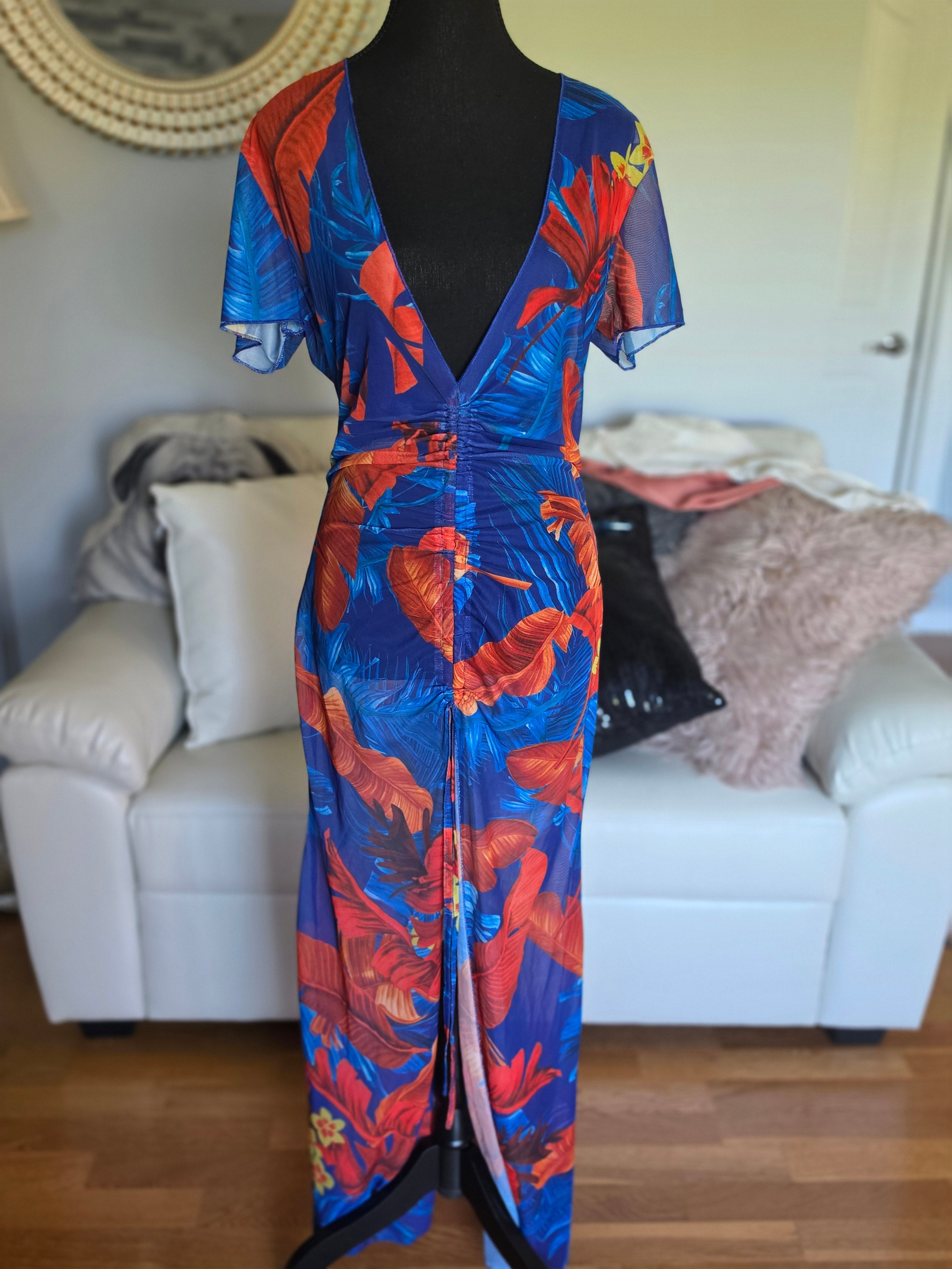 Tropicana Cobalt Ruched Maxi Cover-Up Dress — XL