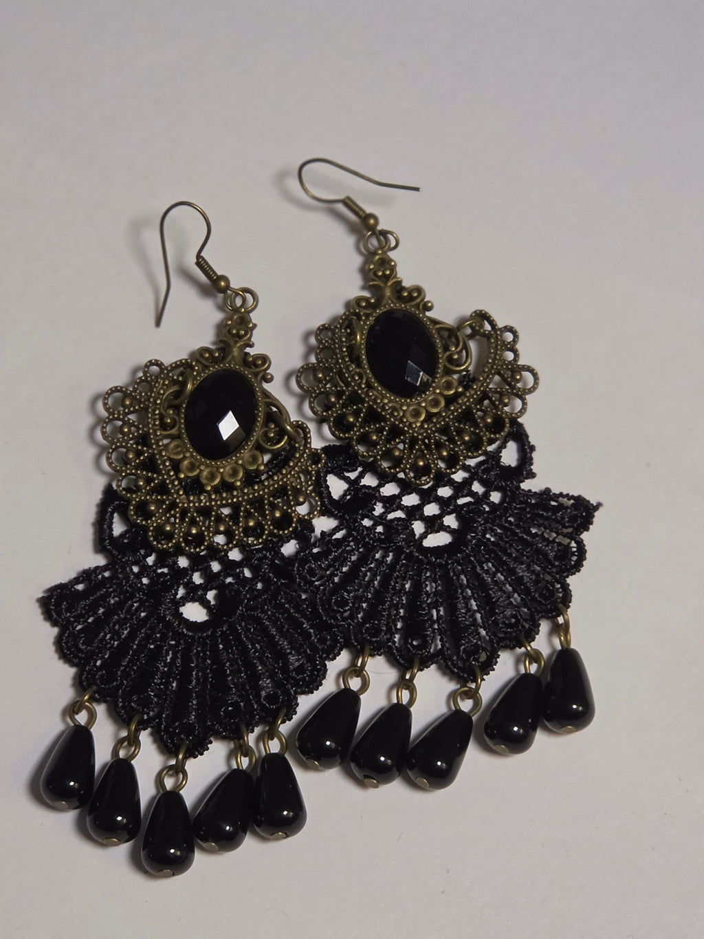 Midnight Lace — Antique Bronze & Black Lace Chandelier Earrings