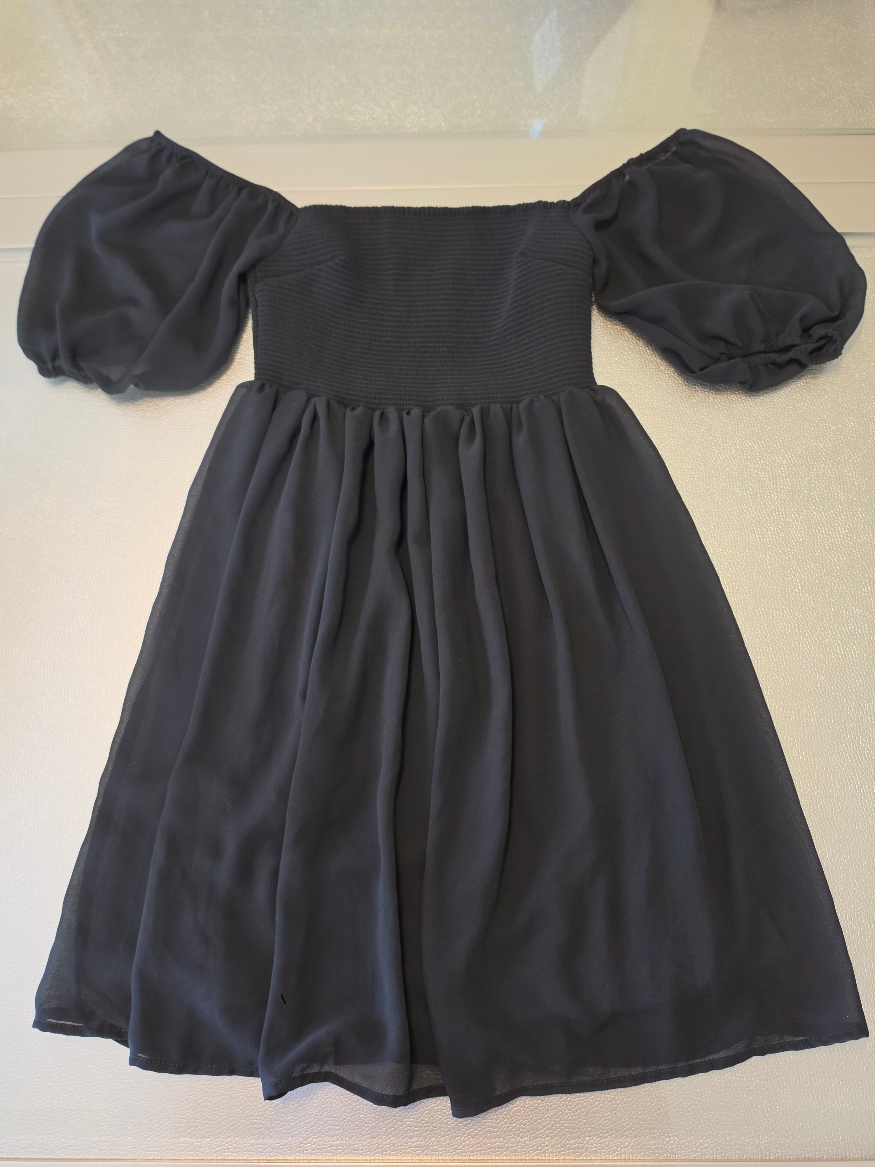 Dusk Spell Off-Shoulder Smocked Puff Sleeve Mini Dress — Black