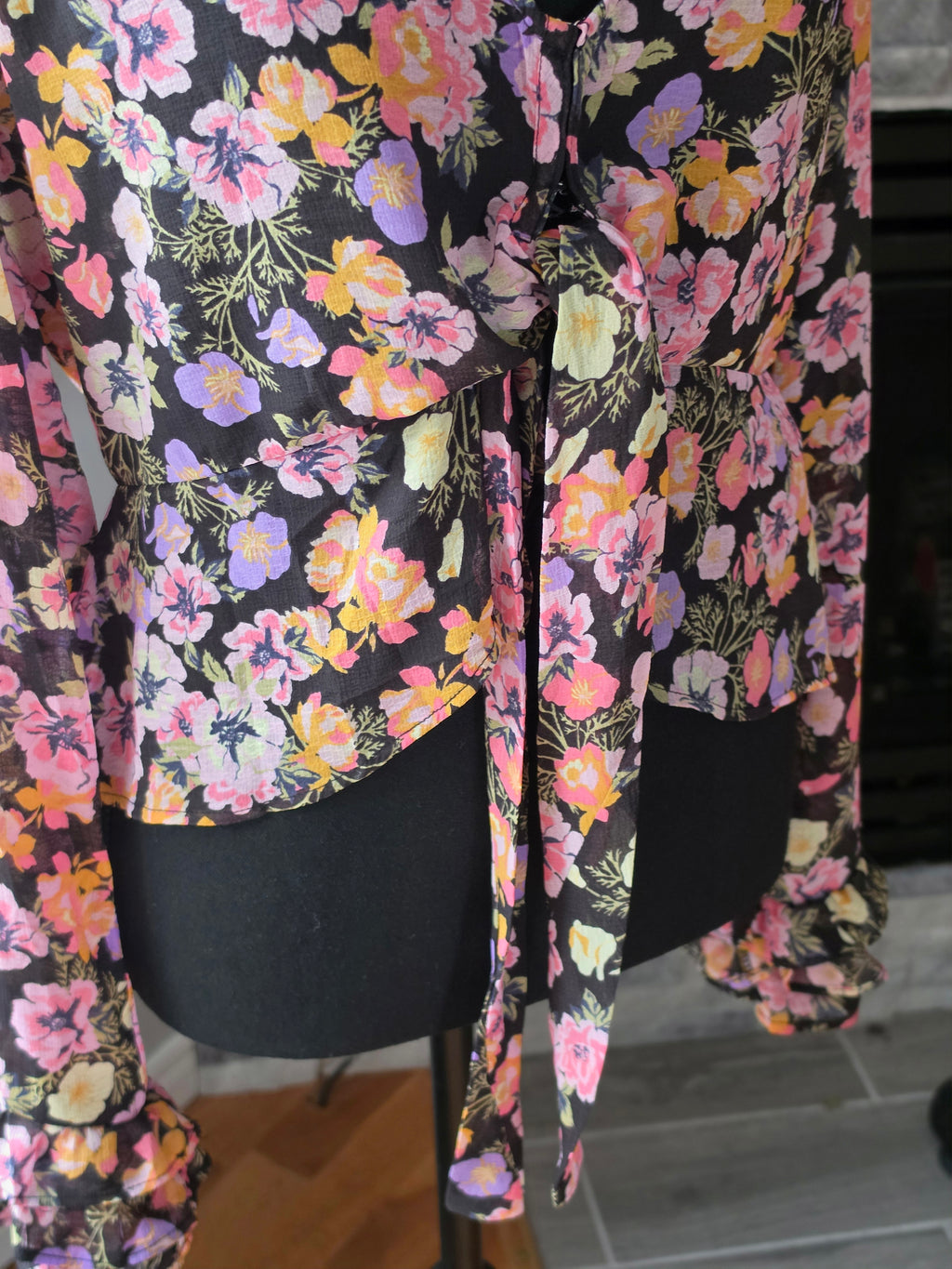 Fallen Petal Blouse – Floral Tie-Front, Bell Sleeve (Black Multi)