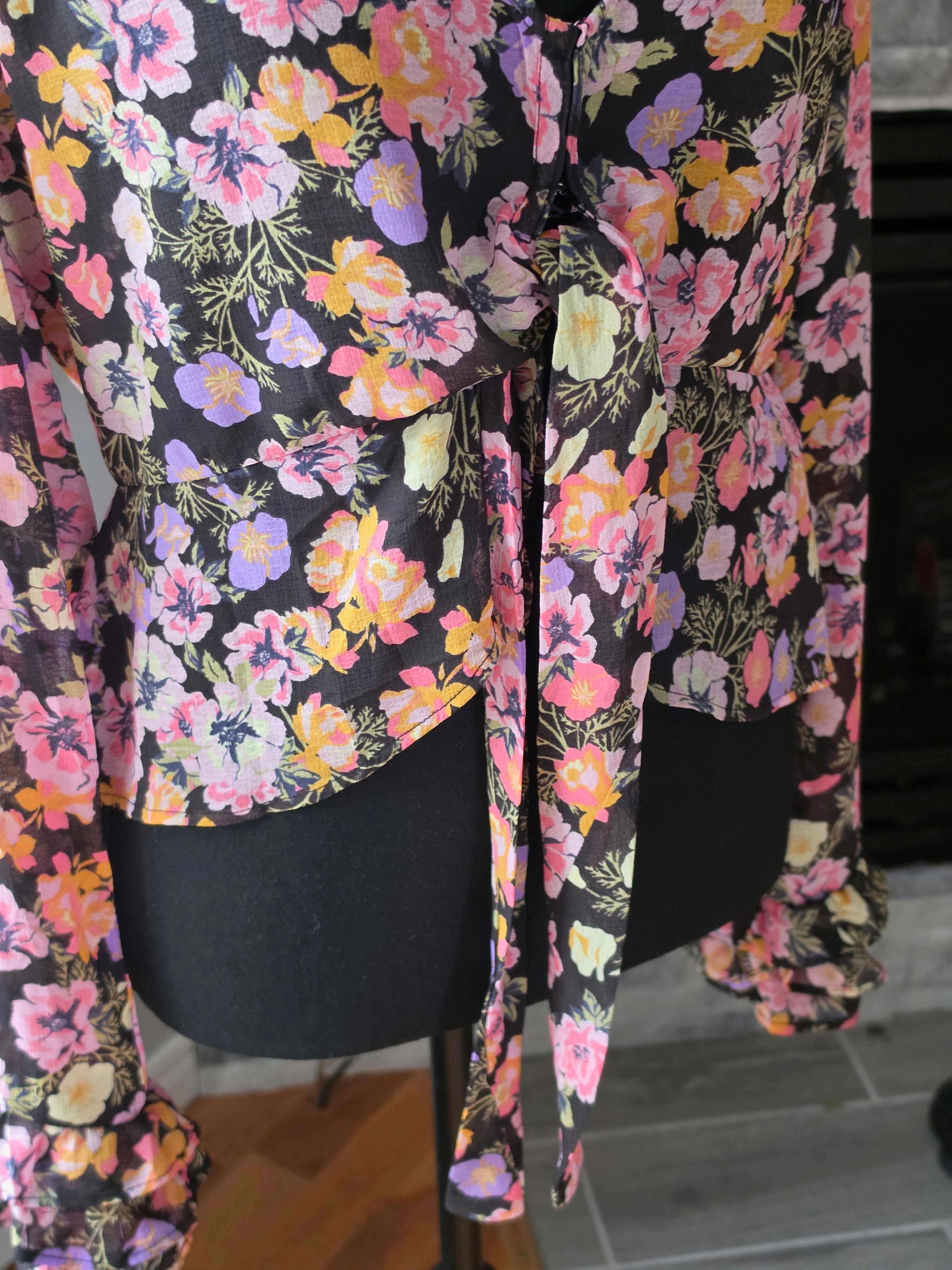 Fallen Petal Blouse – Floral Tie-Front, Bell Sleeve (Black Multi)