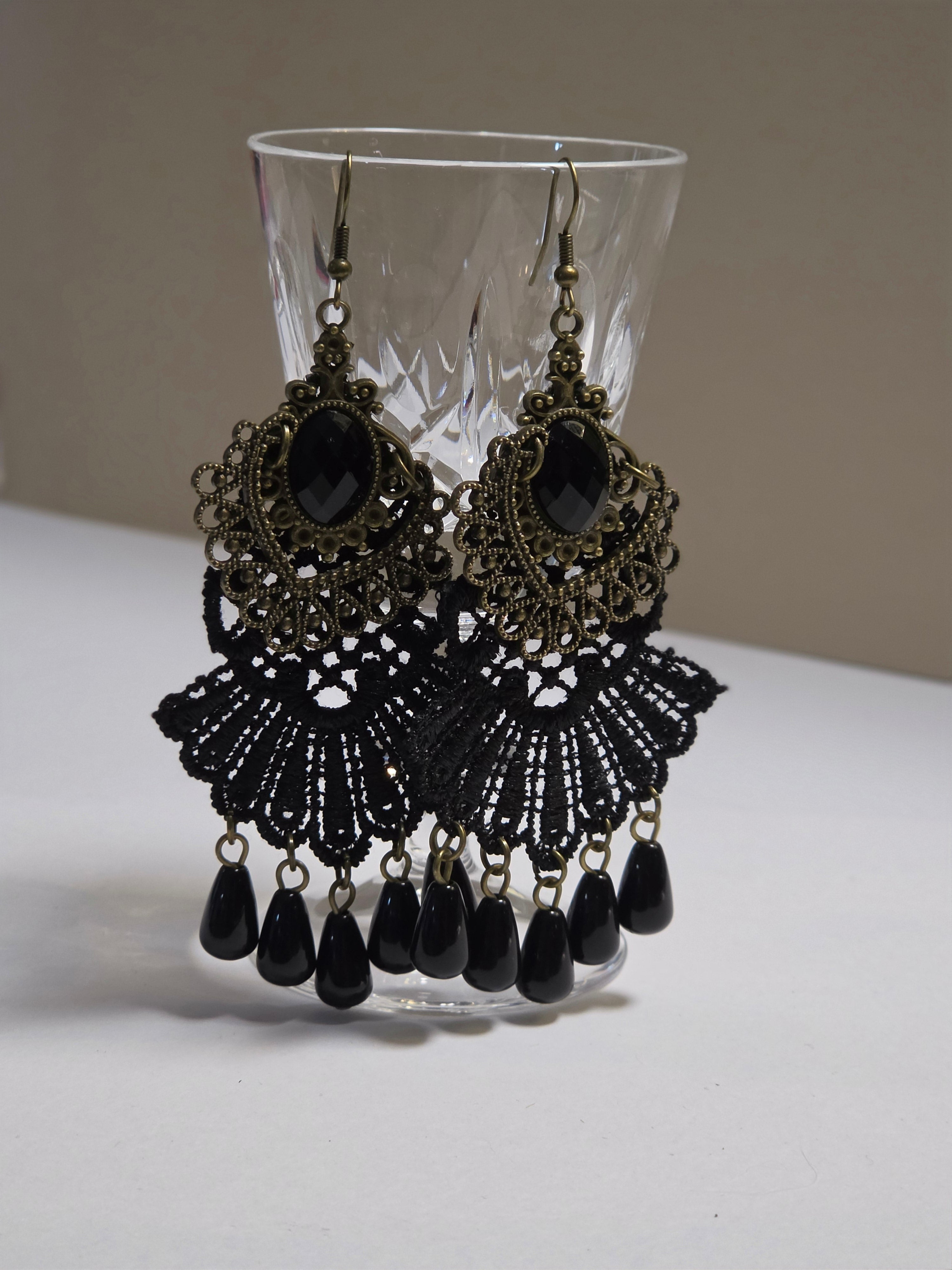 Midnight Lace — Antique Bronze & Black Lace Chandelier Earrings