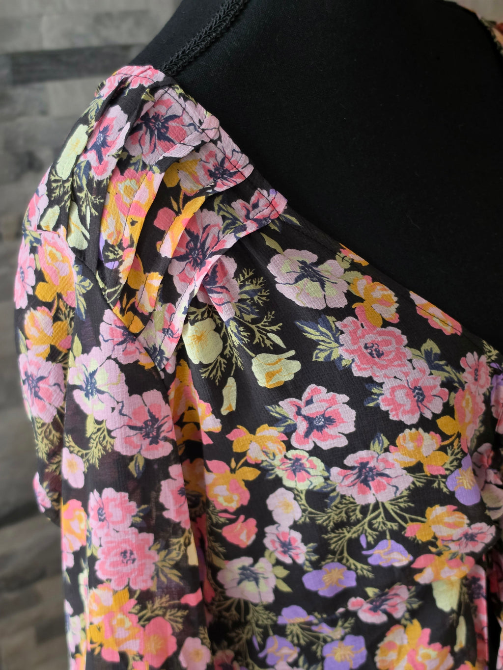 Fallen Petal Blouse – Floral Tie-Front, Bell Sleeve (Black Multi)