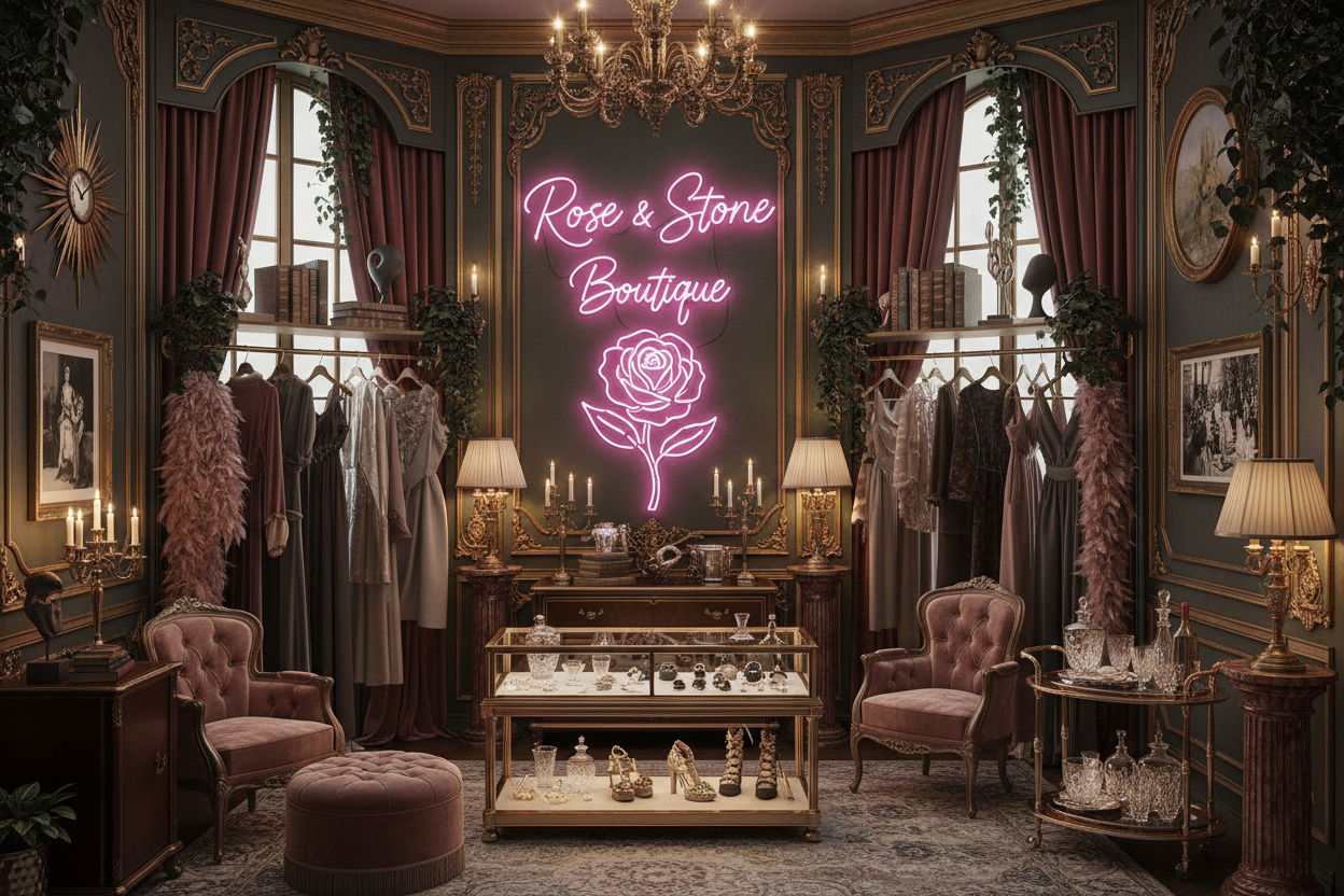 Rose & Stōne Boutique luxury wardrobe with pink neon