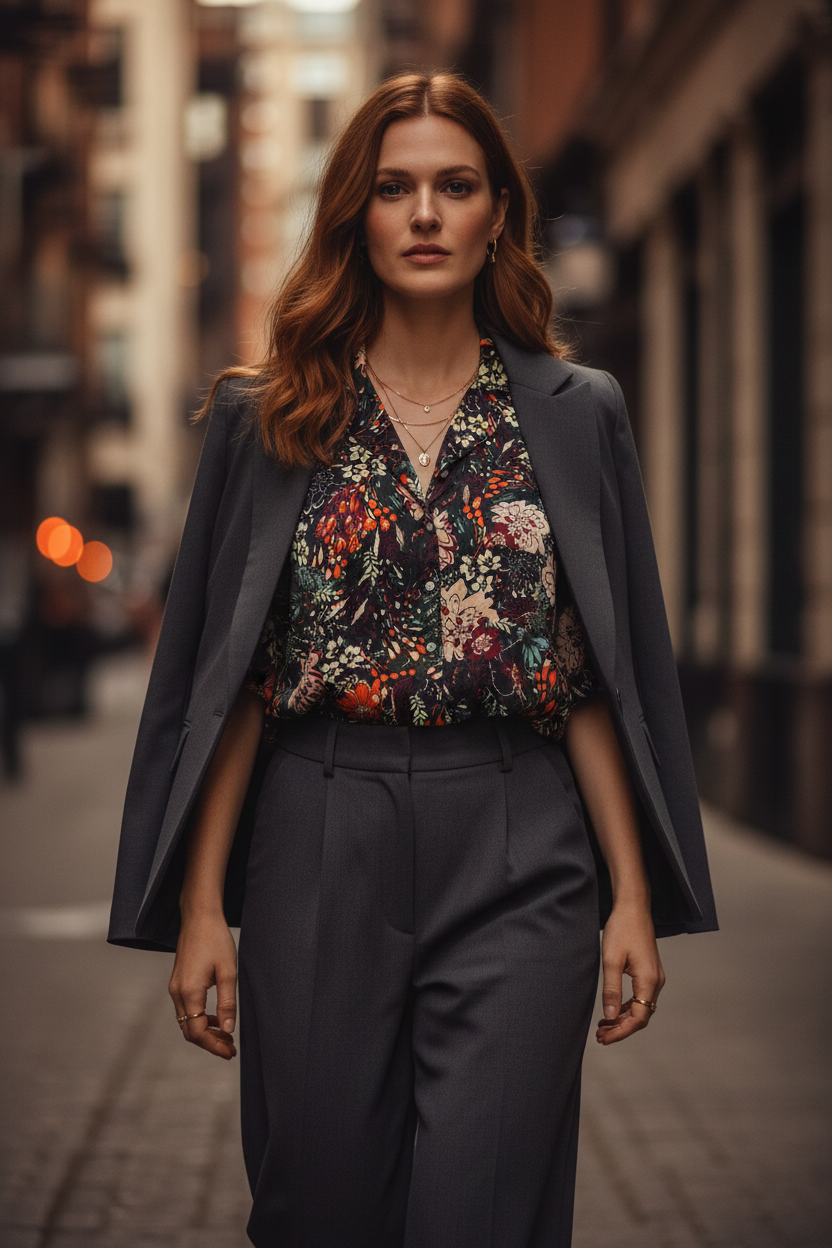 Styled with blazer and trousers