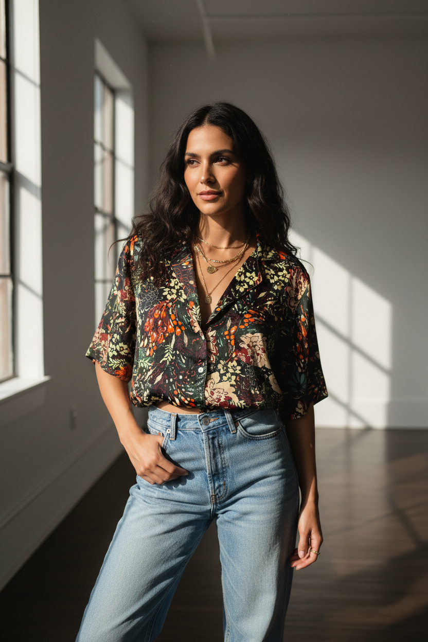 Styled with high-waisted denim