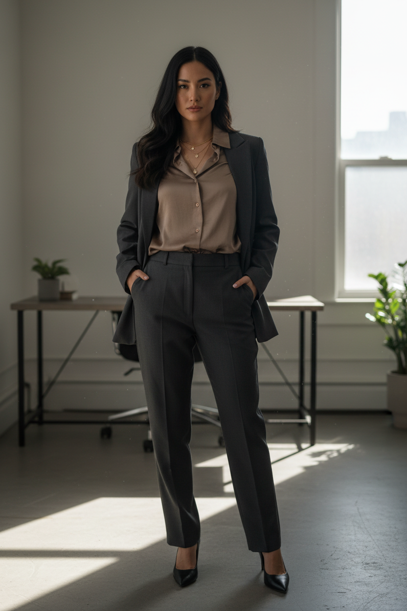 Styled with trousers and blazer