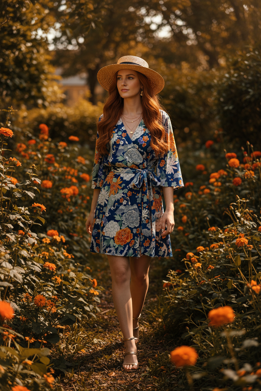 Styled with wide-brim hat and sandals