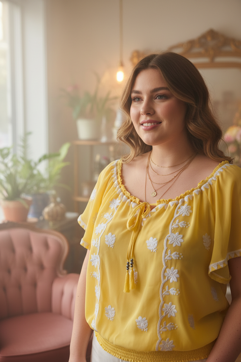 Sunshine Daisy Peasant Top - Close-Up Detail