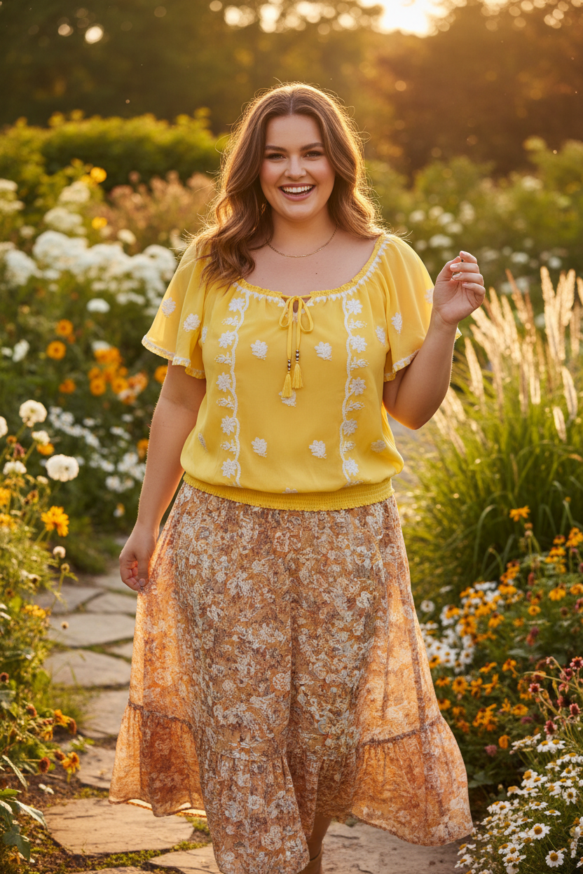 Sunshine Daisy Peasant Top - Garden Setting