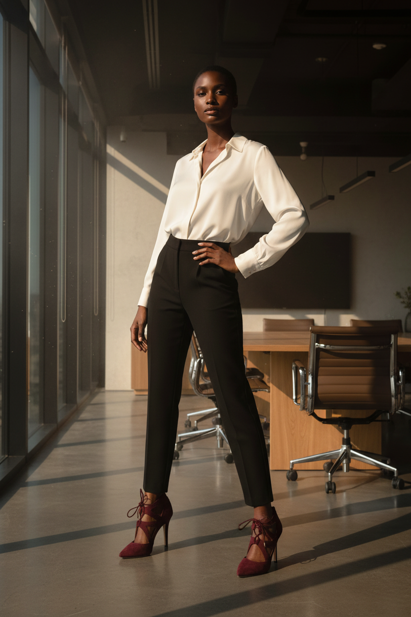 Tailored Office Style with Bordeaux Heels