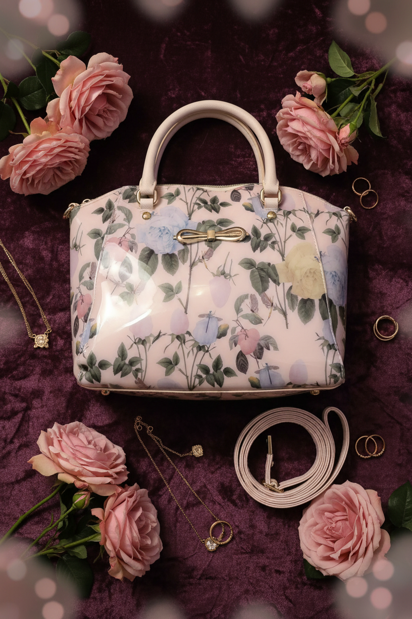 Ted Baker watercolor satchel - flat lay with proper handle placement