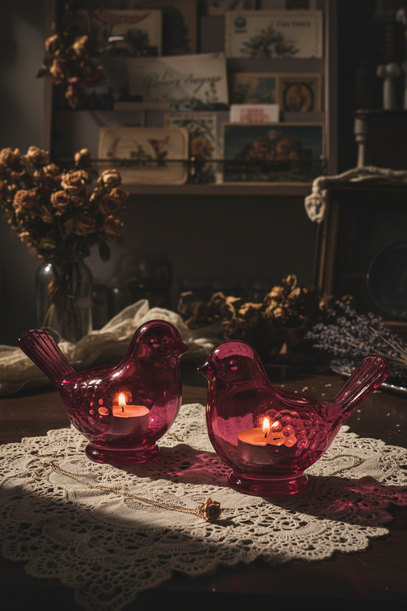 Two deep pink glass bird candle holders