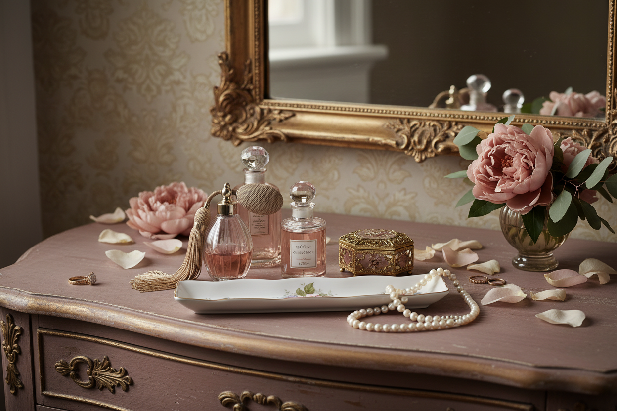 Vanity styling with perfume and jewelry