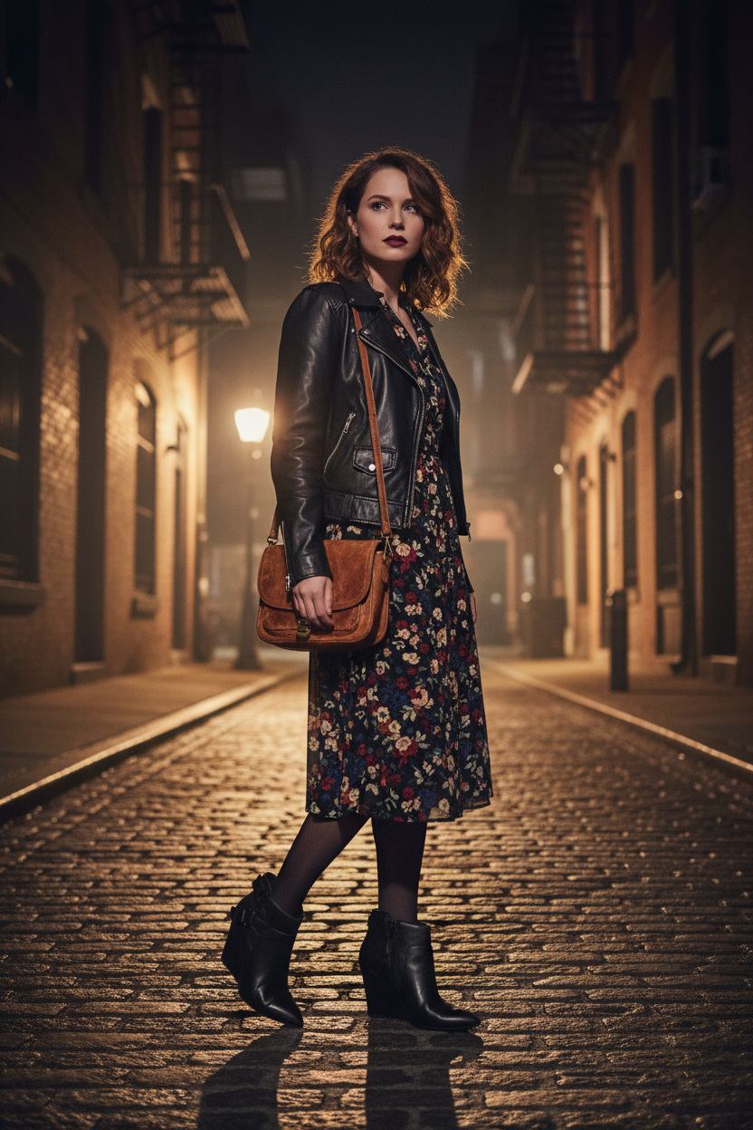 Vintage Dress and Moto Jacket Look